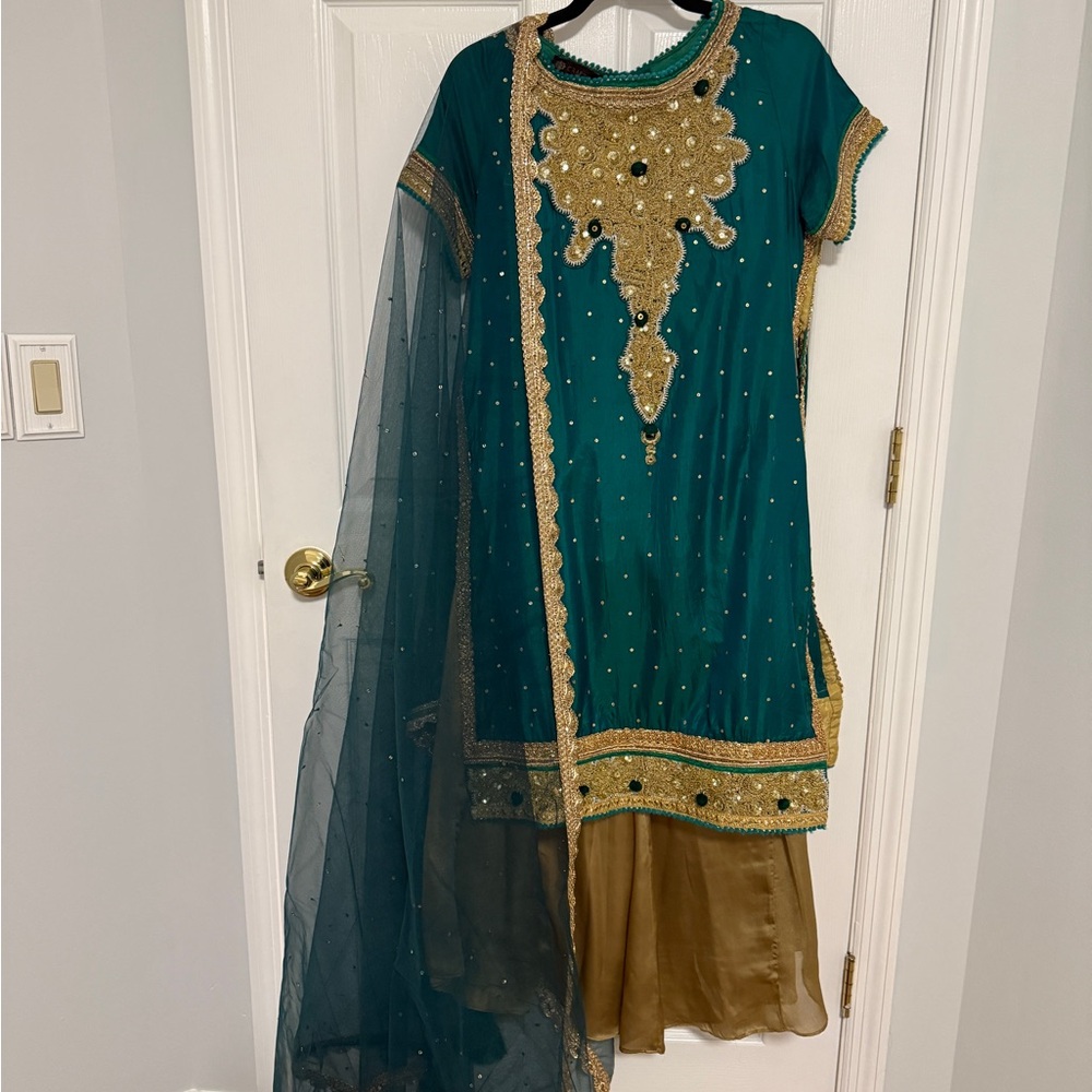 Teal and Gold Embellished Indian dress with Dupatta